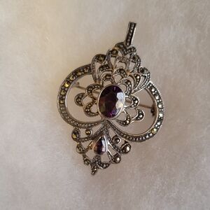 Intricate Silver and Amethyst Gemstone Marcasite Pendant and Brooch- Stamped 925